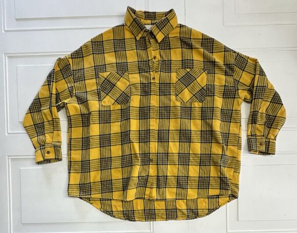 Paper Crane Tops - Anthropologie Paper Crane Womens OS Oversized Shirt Yellow Plaid Top Long Sleeve